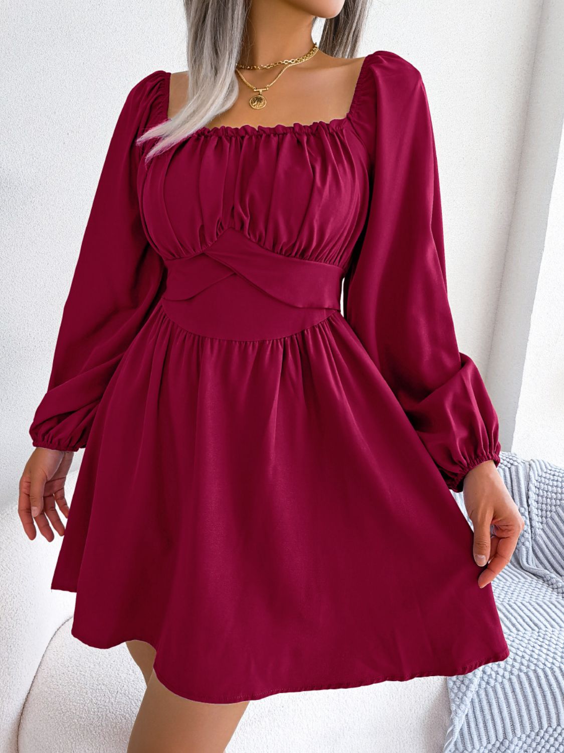 Tied Square Neck Balloon Sleeve Dress Trendsi