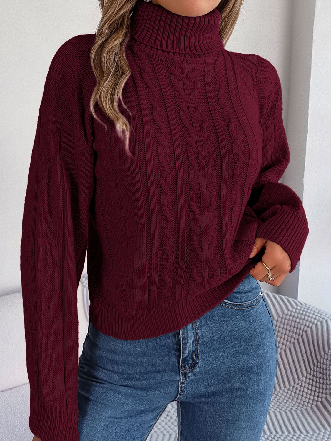 Cable-Knit Turtleneck Sweater Trendsi