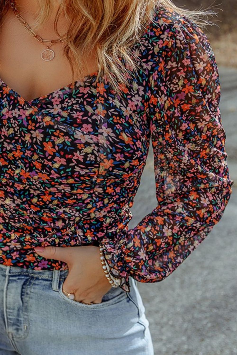 Plus Size Printed Surplice Neck Long Sleeve Blouse Trendsi