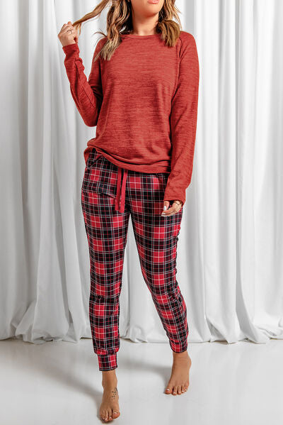 Round Neck Top and Drawstring Plaid Pants Lounge Set Trendsi