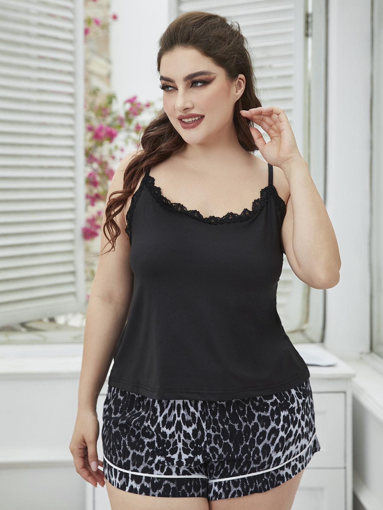 Plus Size Lace Trim Scoop Neck Cami and Printed Shorts Pajama Set Trendsi