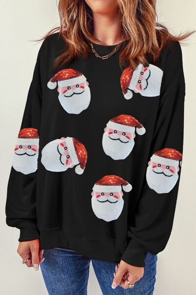 Sequin Santa Patch Round Neck Sweatshirt Trendsi