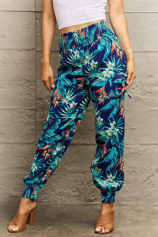 Smocked Plant Print Long Pants Trendsi