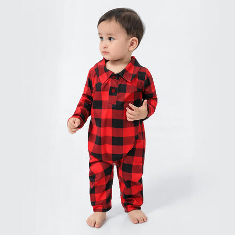 Baby Plaid Collared Neck Long Sleeve Jumpsuit Trendsi