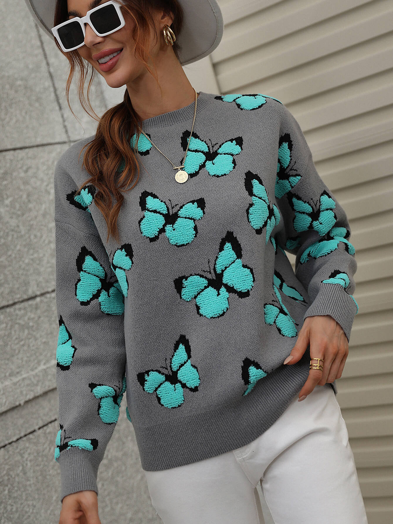 Woven Right Butterfly Dropped Shoulder Crewneck Sweater Trendsi