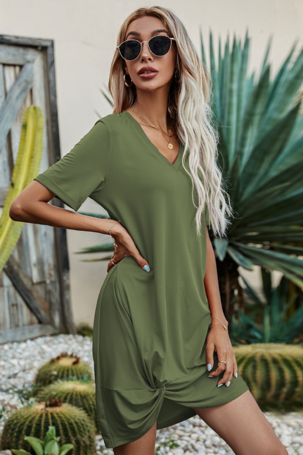 Twisted V-Neck Short Sleeve Dress Trendsi