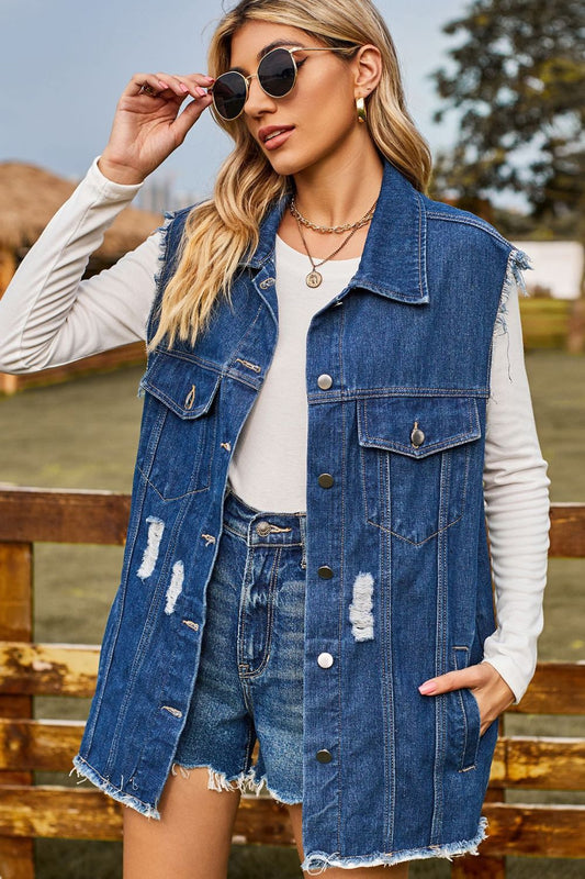 Sleeveless Button-Up Collared Denim Top with Pockets Trendsi