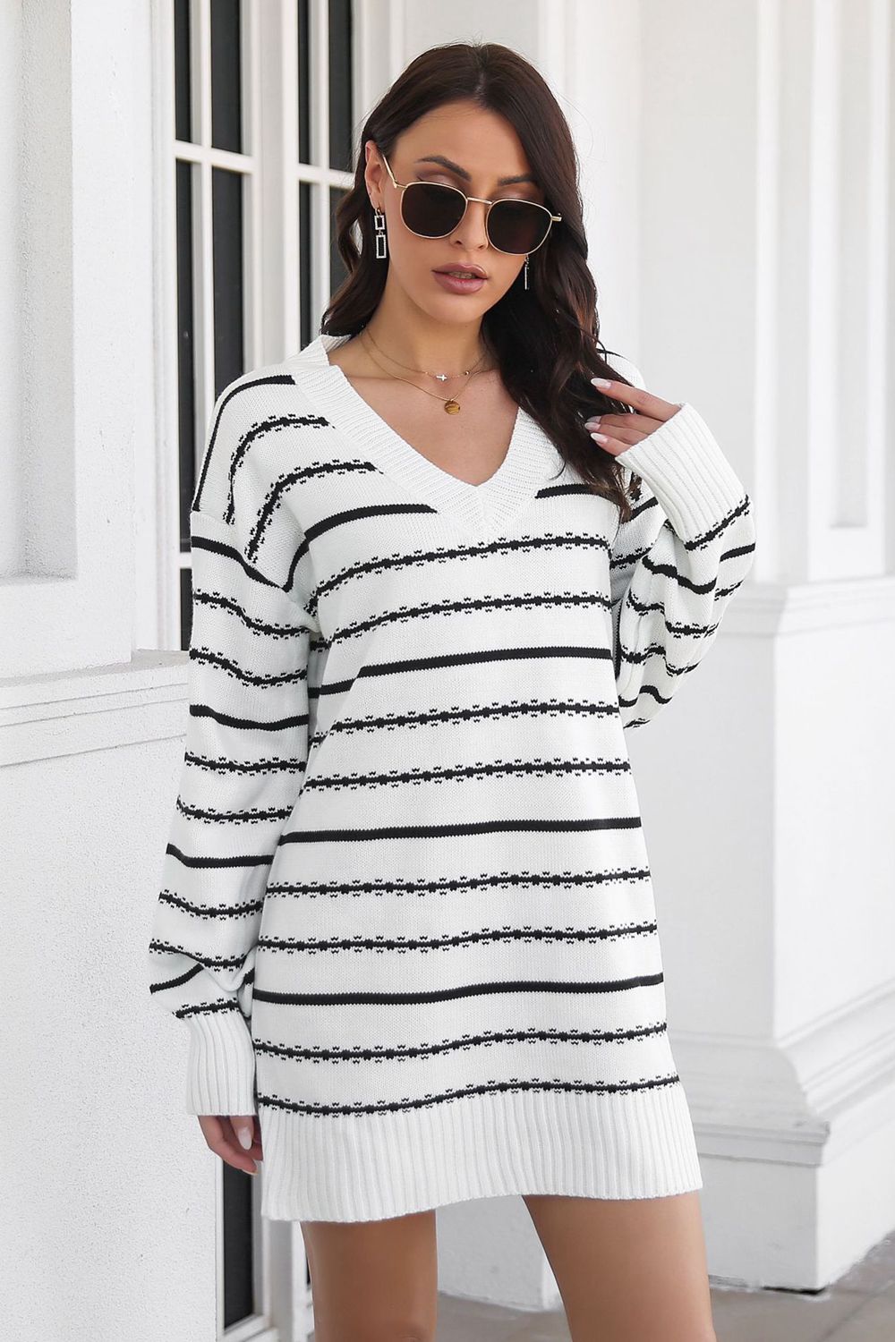 Striped V-Neck Sweater Dress Trendsi