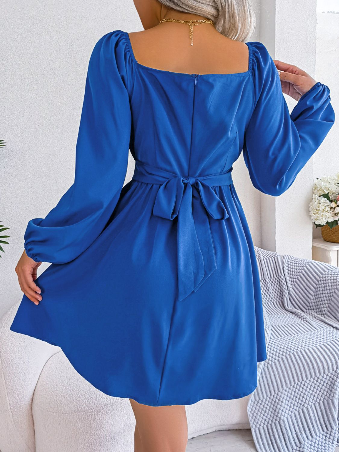 Tied Square Neck Balloon Sleeve Dress Trendsi