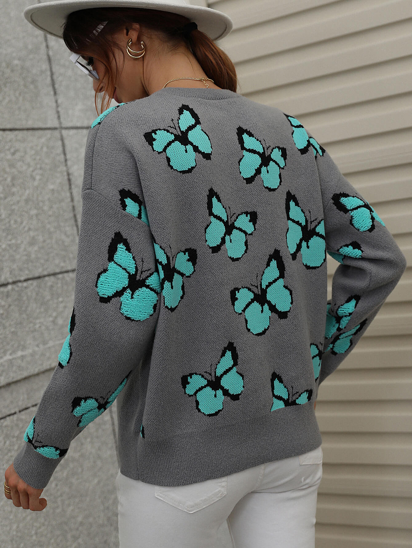 Woven Right Butterfly Dropped Shoulder Crewneck Sweater Trendsi