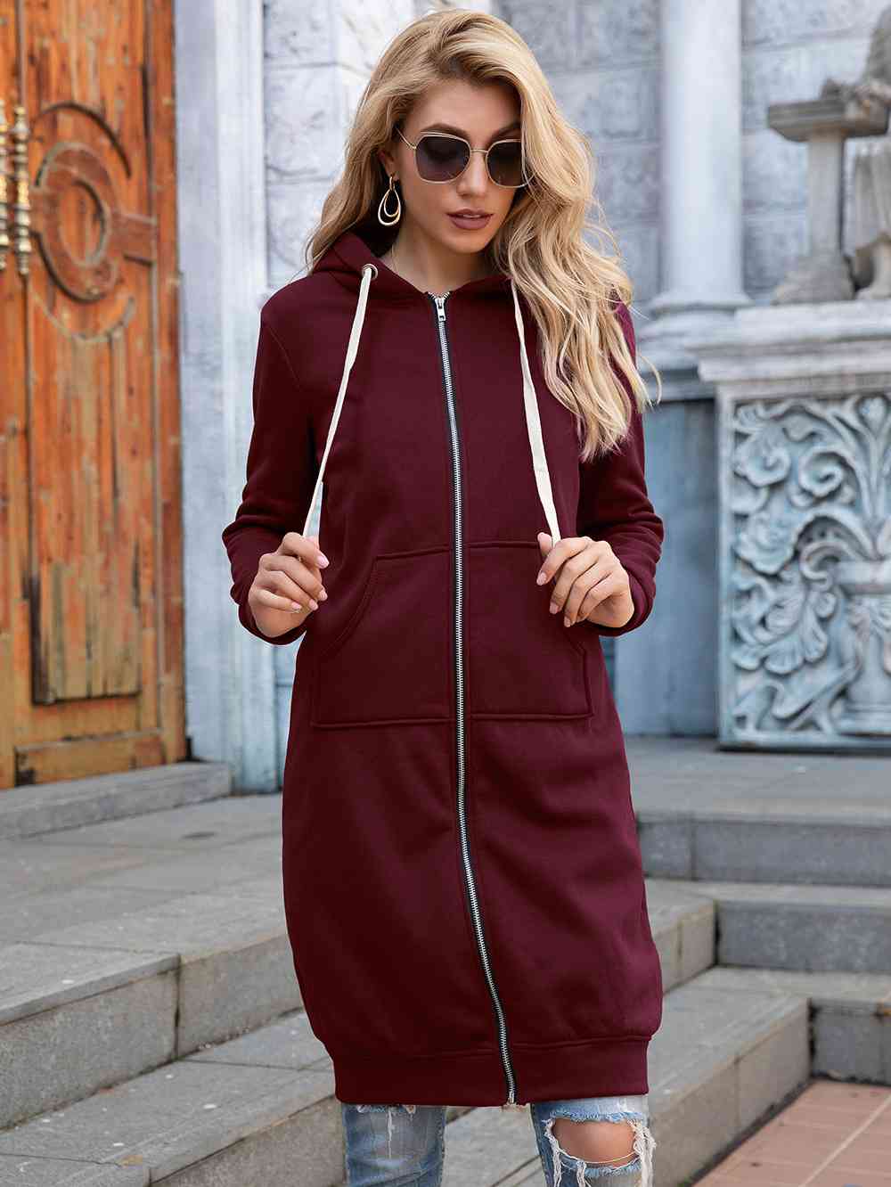 Full Size Zip-Up Longline Hoodie with Pockets Trendsi