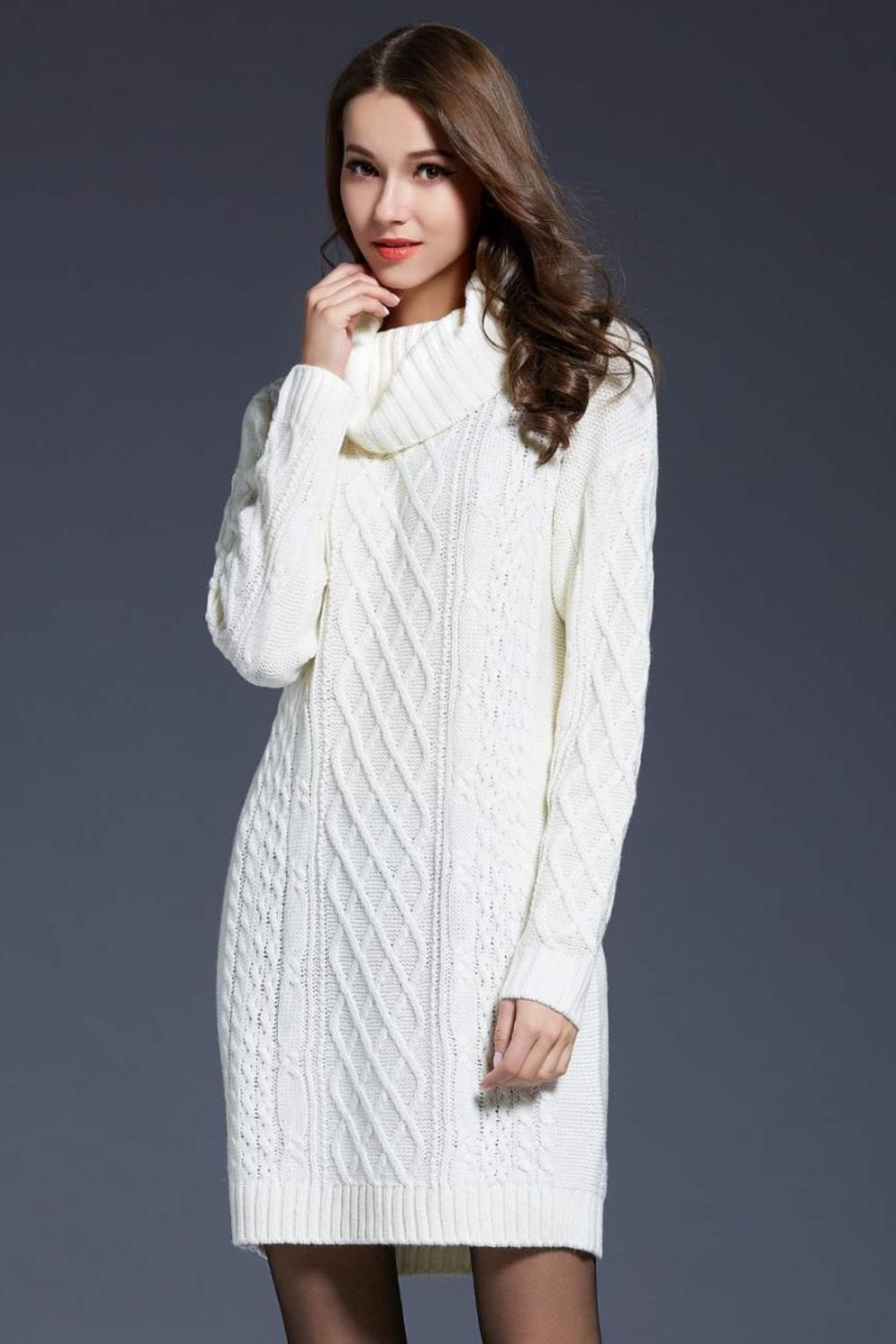 Woven Right Full Size Mixed Knit Cowl Neck Dropped Shoulder Sweater Dress Trendsi