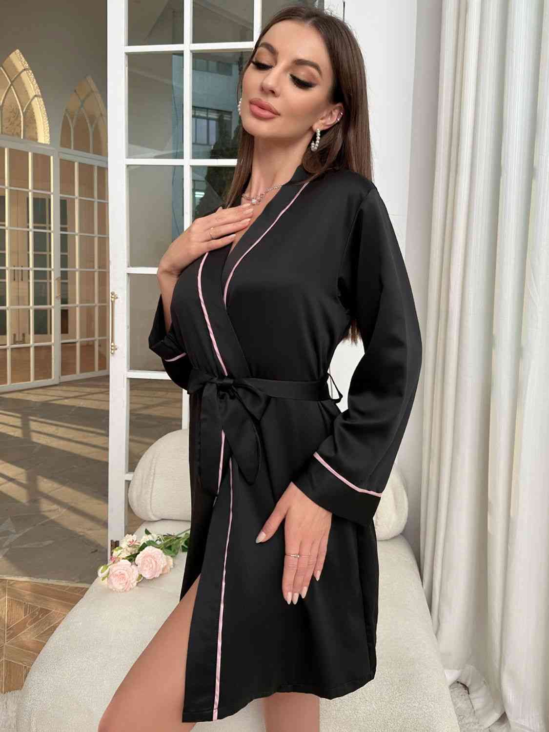 Tie Waist Surplice Neck Robe Trendsi