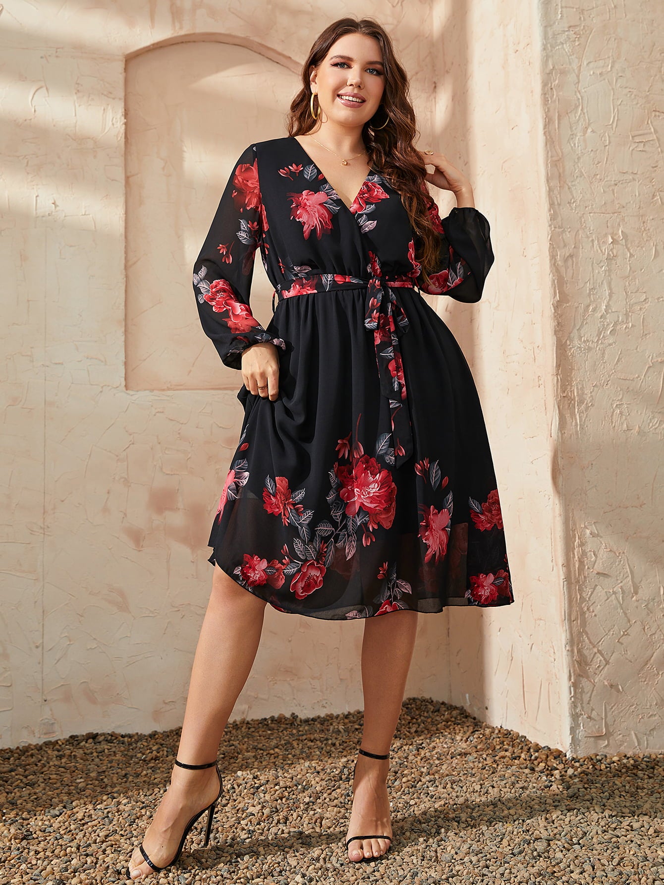 Plus Size Floral Surplice Neck Tie Waist Dress Trendsi