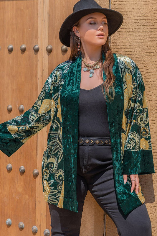 Plus Size Open Front Bohemian Style Long Sleeve Cardigan Trendsi