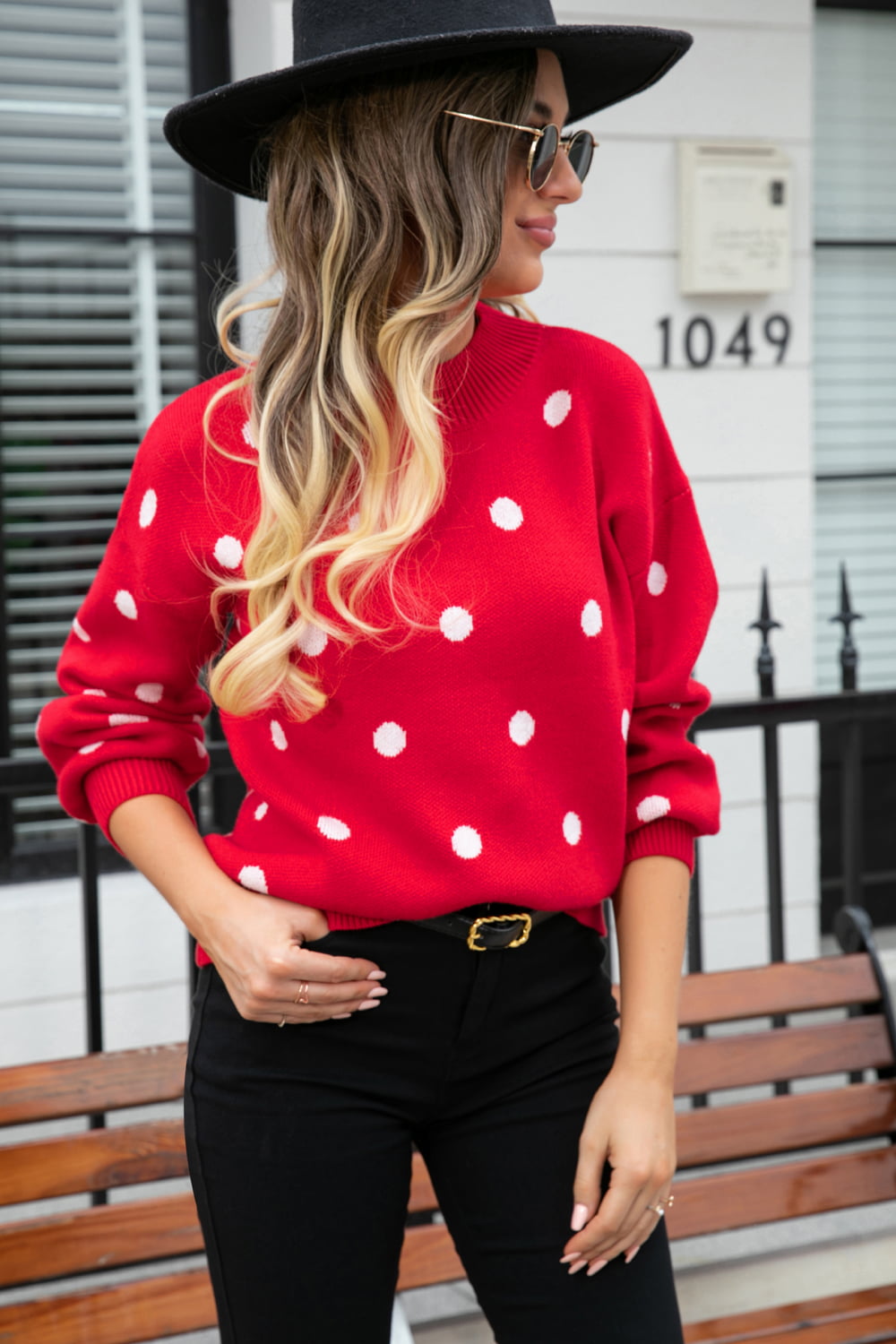 Woven Right Polka Dot Round Neck Dropped Shoulder Sweater Trendsi