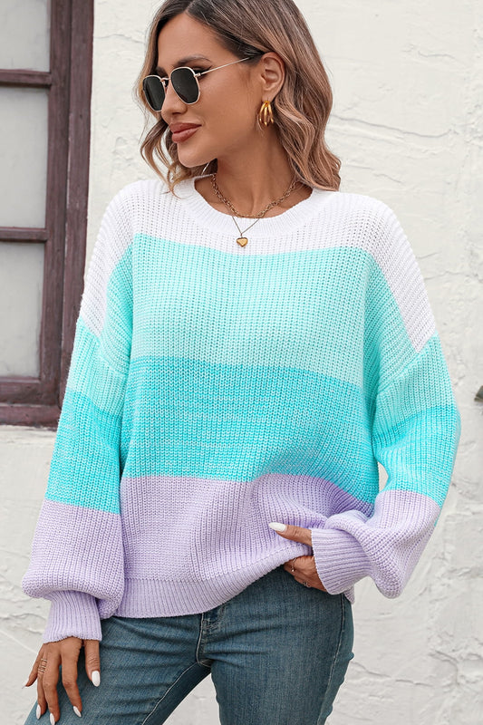 Round Neck Color Block Ribbed Pullover Sweater Trendsi