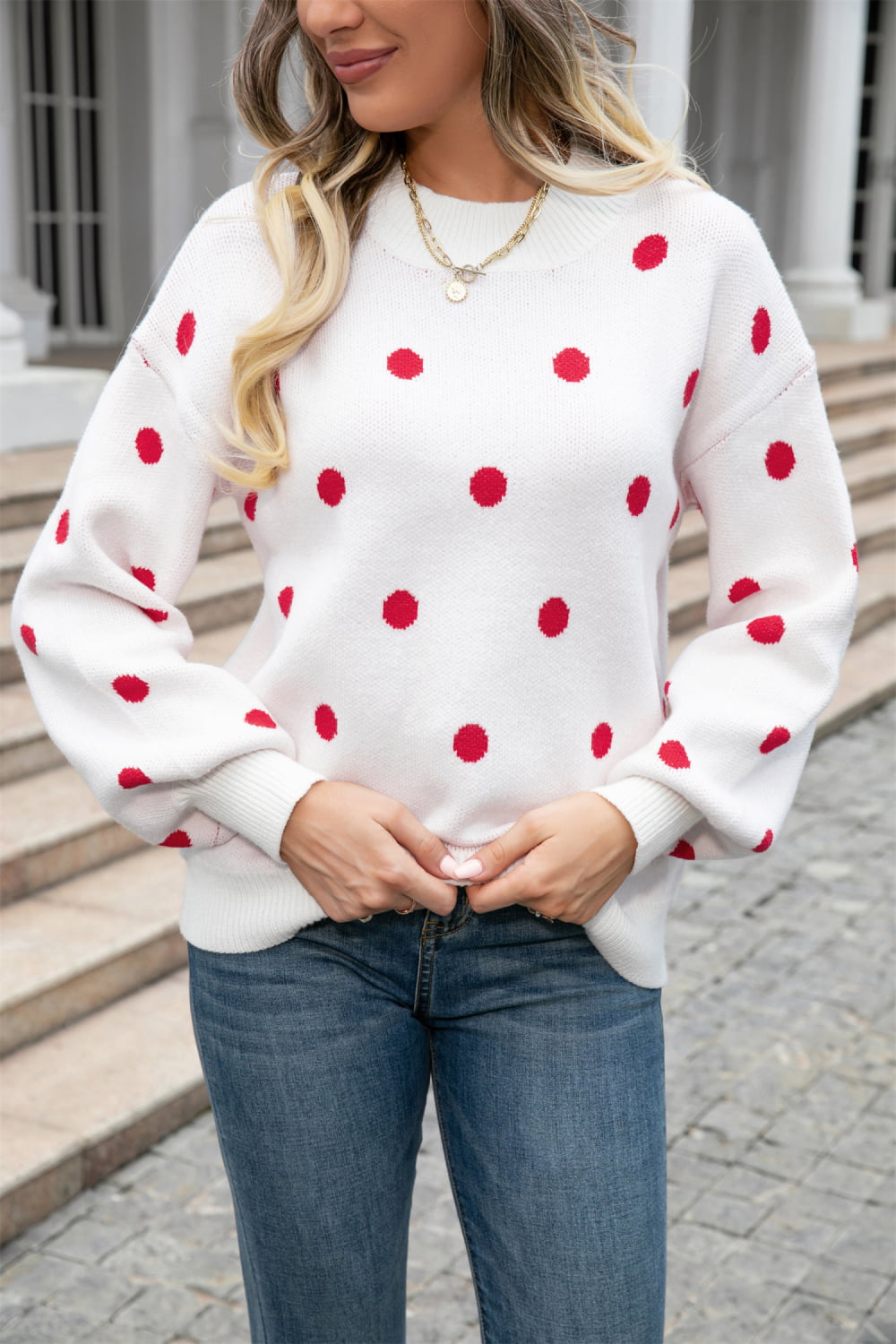 Woven Right Polka Dot Round Neck Dropped Shoulder Sweater Trendsi