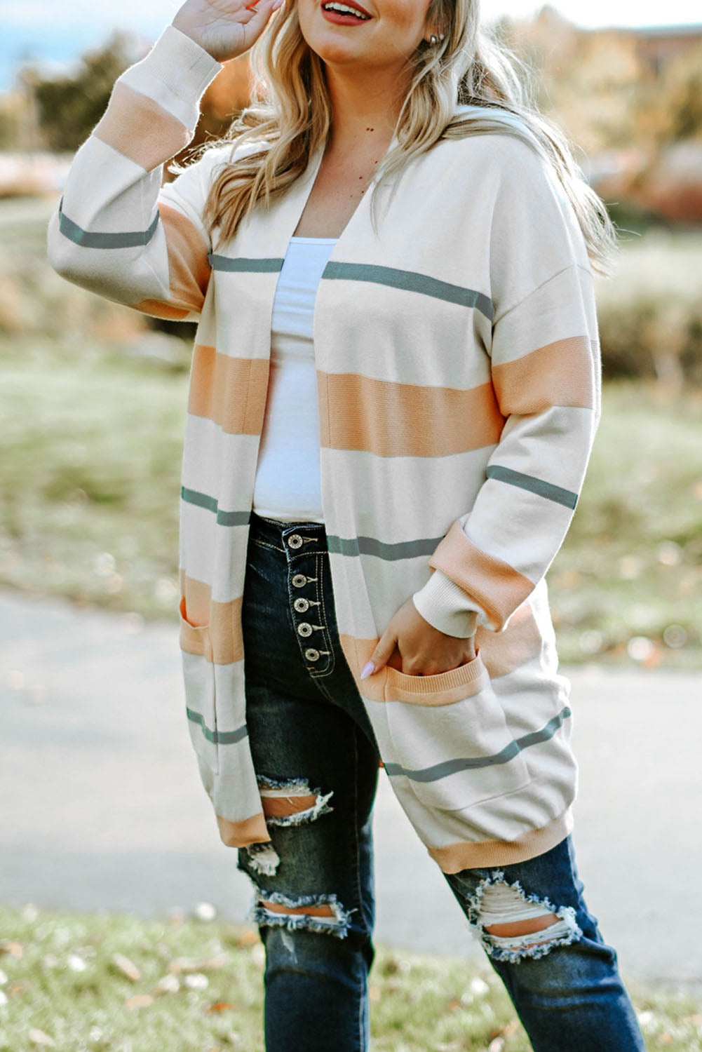 Plus Size Striped Open Front Cardigan Trendsi