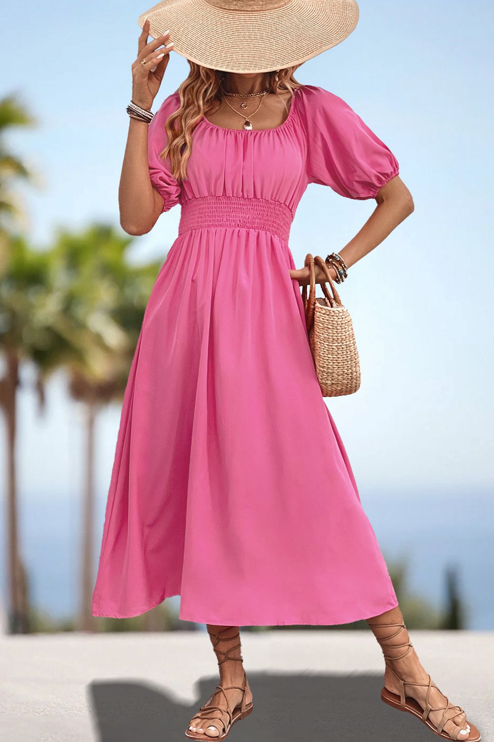 Square Neck Smocked Waist Puff Sleeve Midi Dress Trendsi