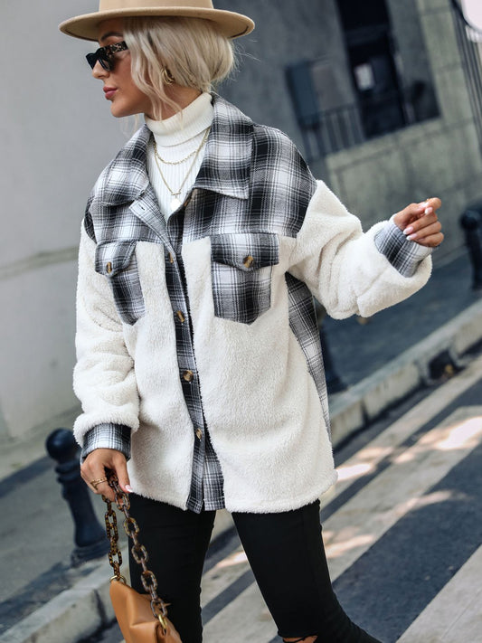 Plaid Collared Neck Button Down Jacket Trendsi