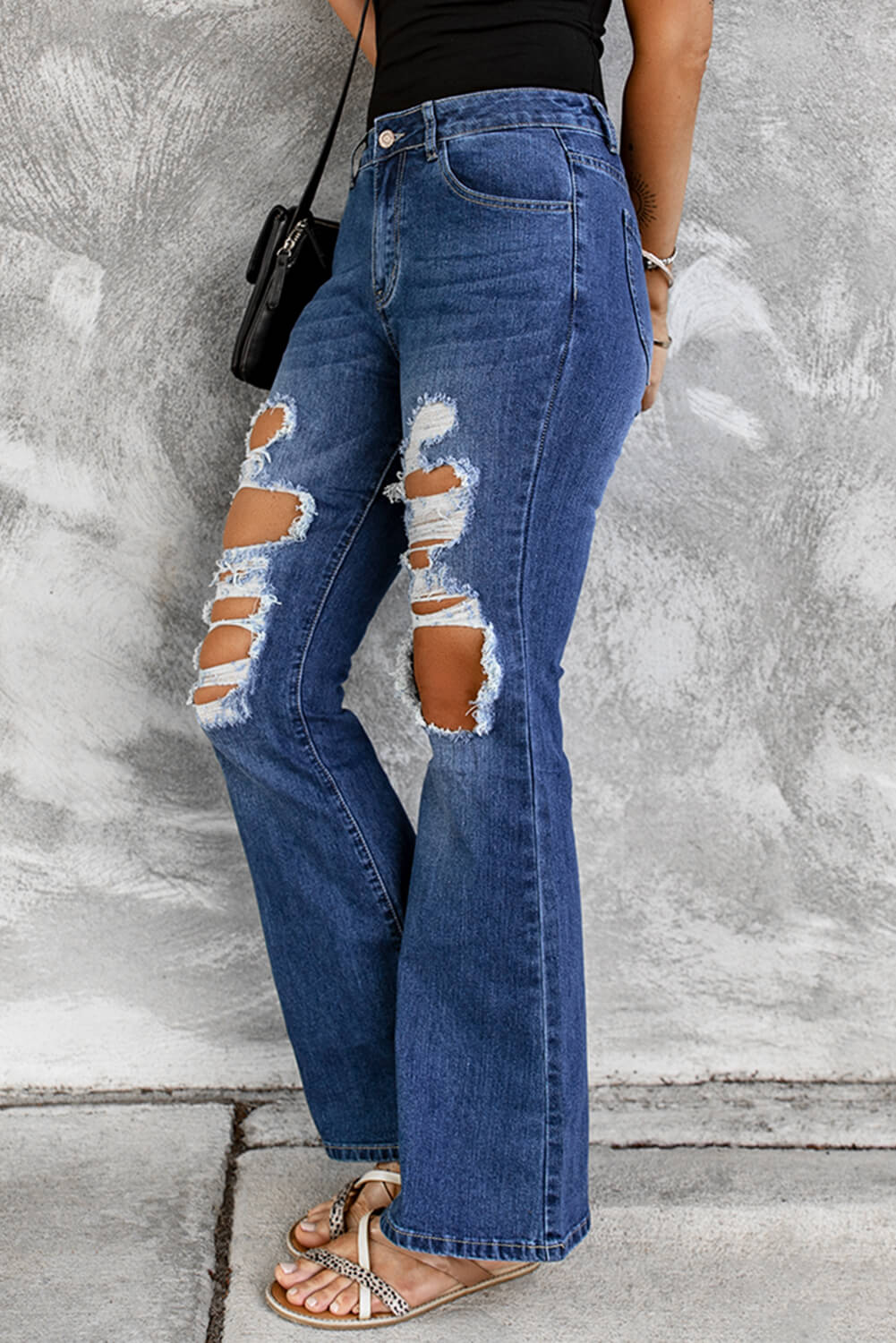 Baeful Distressed High Waist Flare Jeans Trendsi