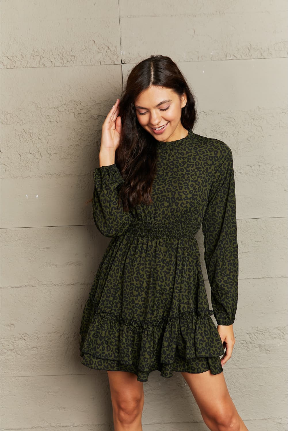 Leopard Smock Waist Long Sleeve Dress Trendsi