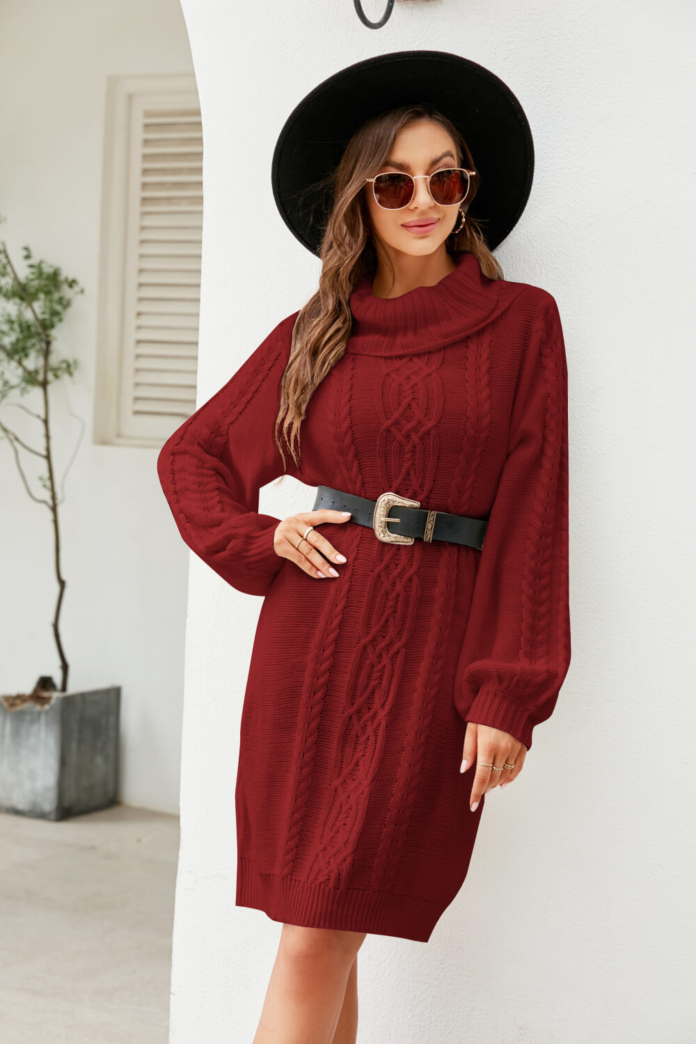 Woven Right Mixed Knit Turtleneck Lantern Sleeve Sweater Dress Trendsi