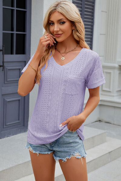 Eyelet V-Neck Short Sleeve T-Shirt Trendsi