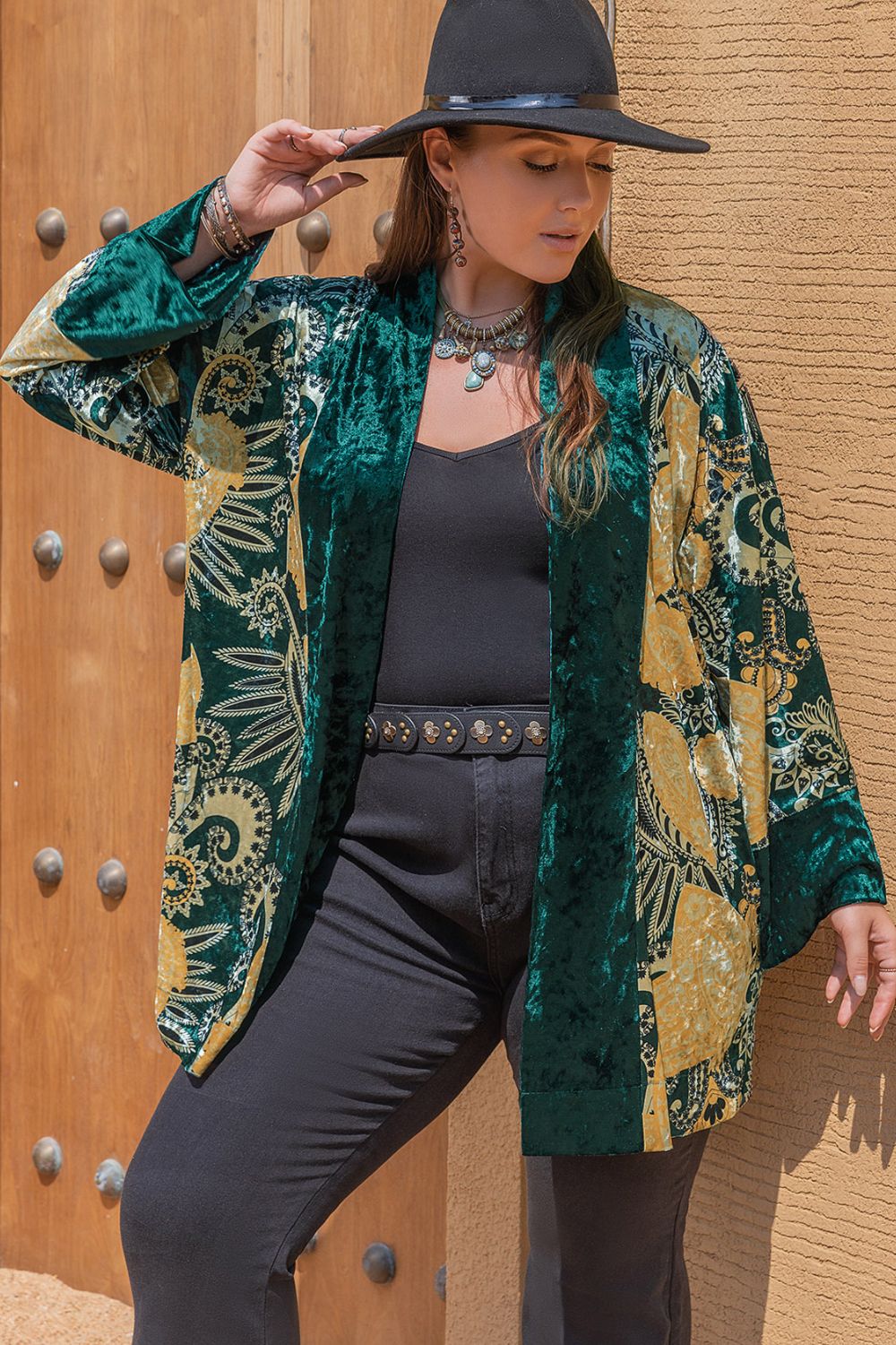 Plus Size Open Front Bohemian Style Long Sleeve Cardigan Trendsi