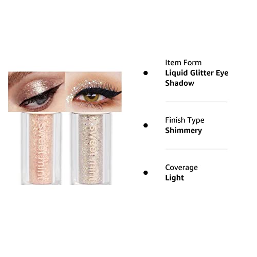 2Pcs Waterproof Crystal Liquid Glitter Eye Shadow Sticks.Quick-Drying Liquid Sparkling Silver Golden Eyeshadow Eyeliner Eyelid.Liquid Highlight Shimmer Eye Makeup Sparkly for Eyes,sombra de para ojos SUAKE