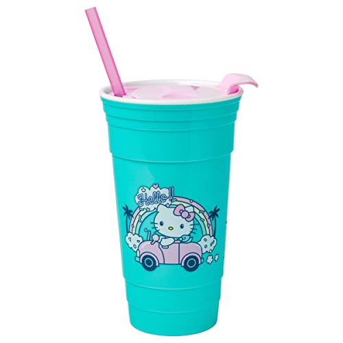 Silver Buffalo Hello Kitty Rainbow Car Plastic Tumbler with Lid and Straw, 32 Ounces Silver Buffalo