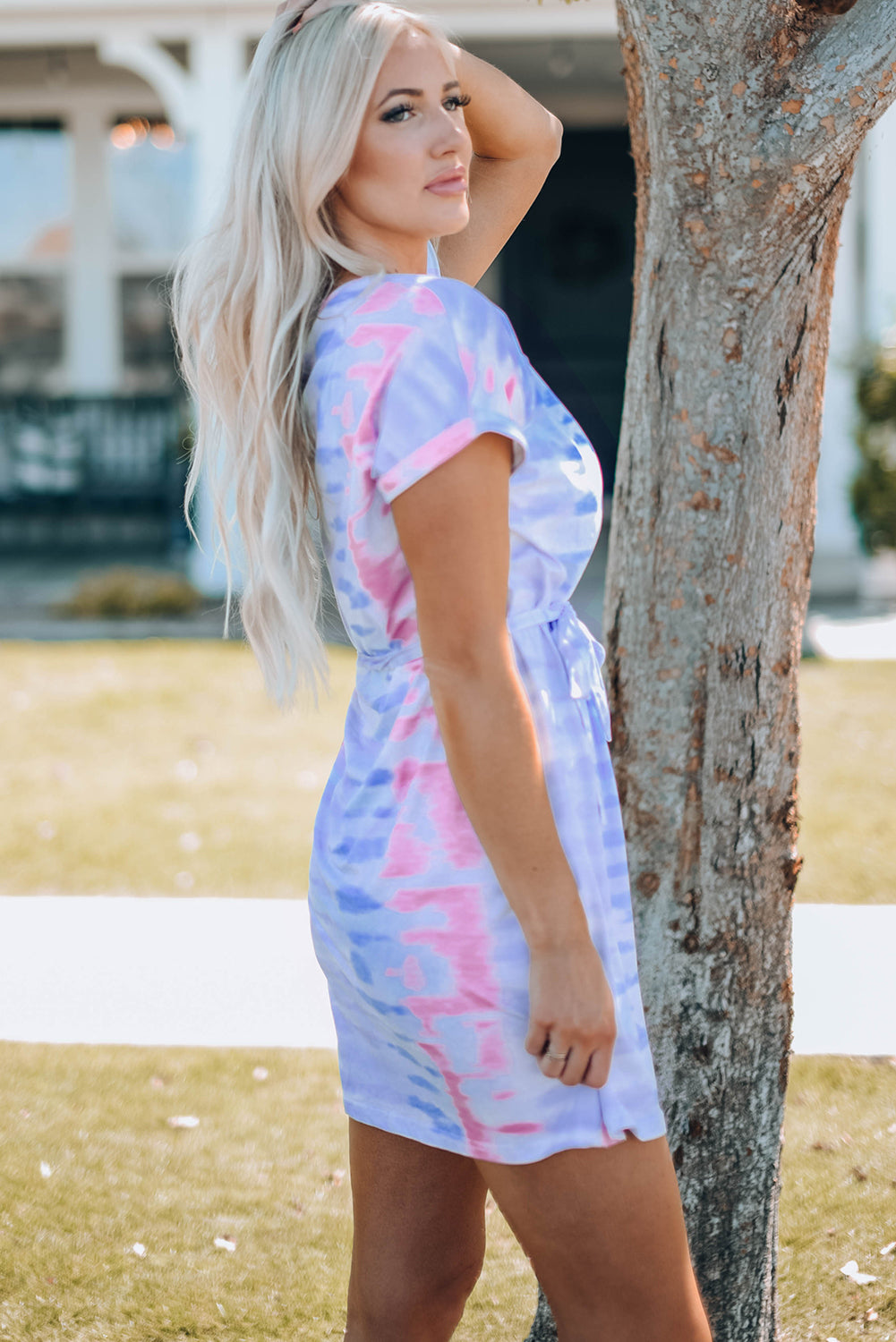 Women Tie-Dye Belted T-Shirt Dress Trendsi