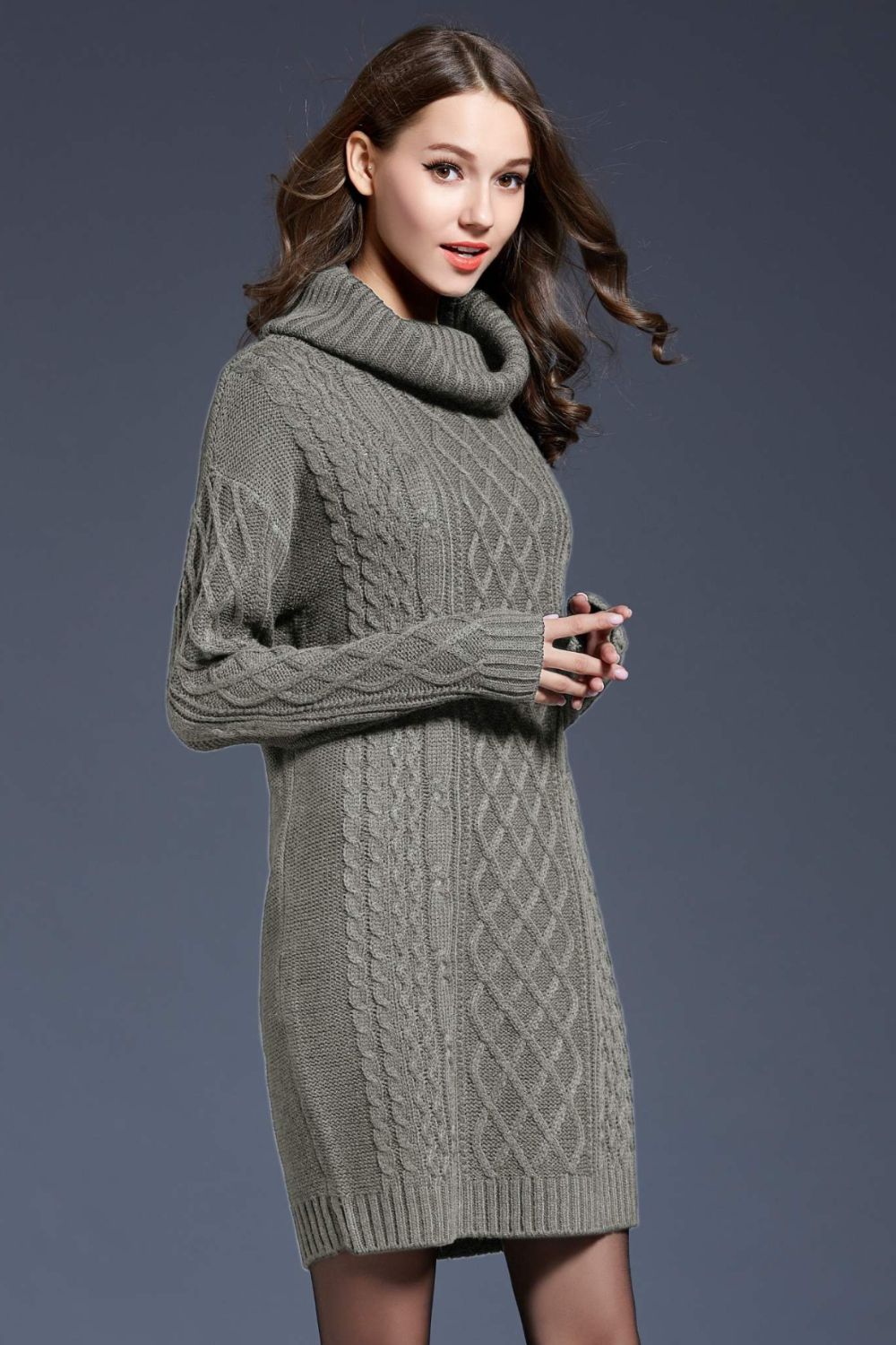 Woven Right Full Size Mixed Knit Cowl Neck Dropped Shoulder Sweater Dress Trendsi