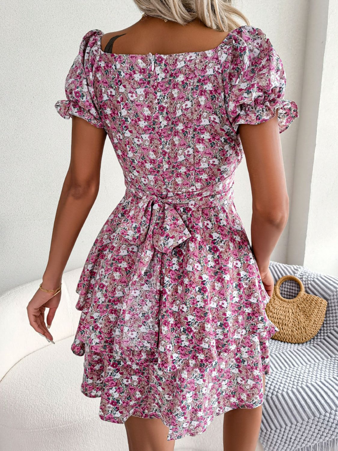 Floral Sweetheart Neck Flounce Sleeve Mini Dress Trendsi