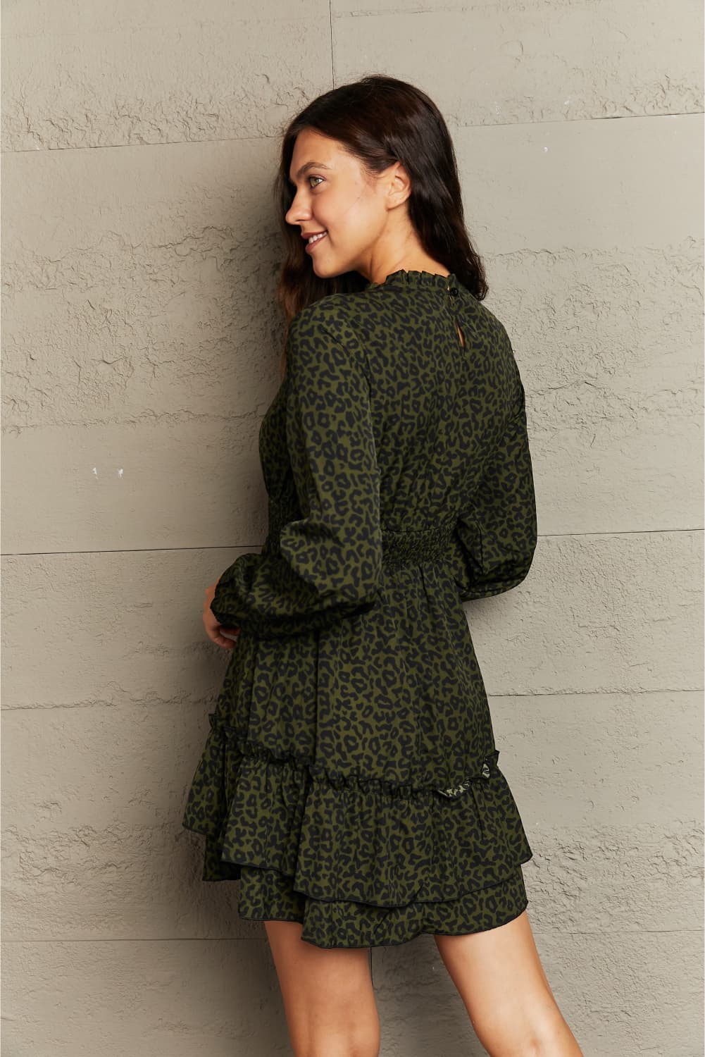 Leopard Smock Waist Long Sleeve Dress Trendsi