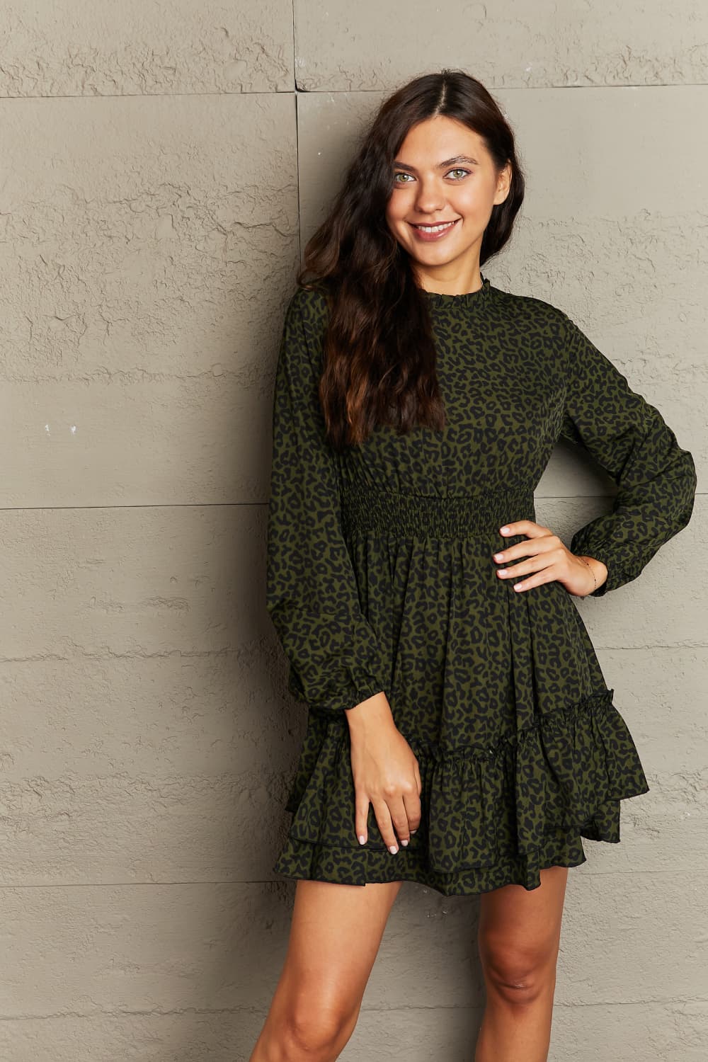 Leopard Smock Waist Long Sleeve Dress Trendsi
