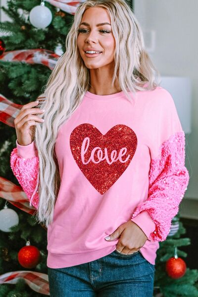 LOVE Heart Sequin Dropped Shoulder Sweatshirt Trendsi