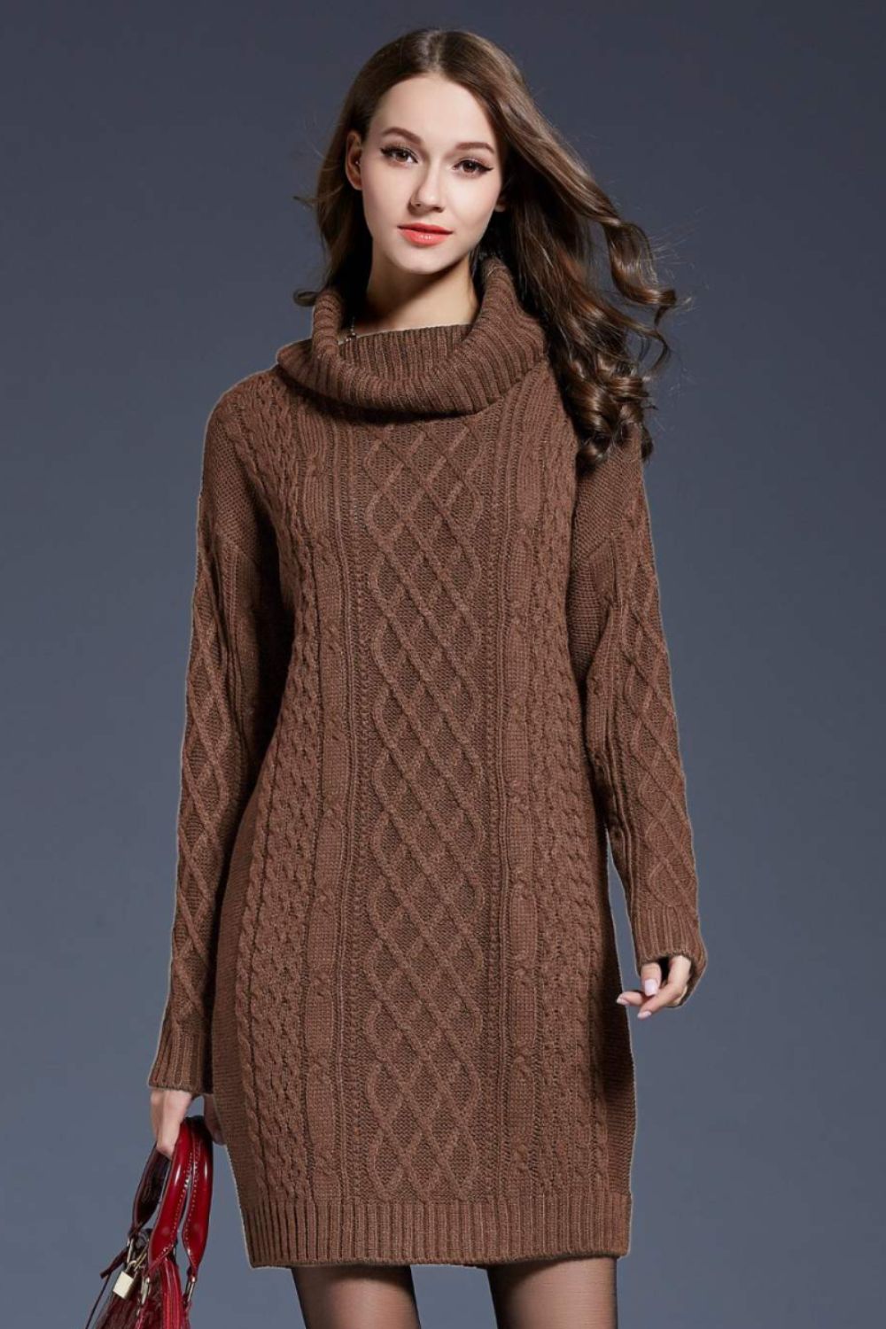 Woven Right Full Size Mixed Knit Cowl Neck Dropped Shoulder Sweater Dress Trendsi