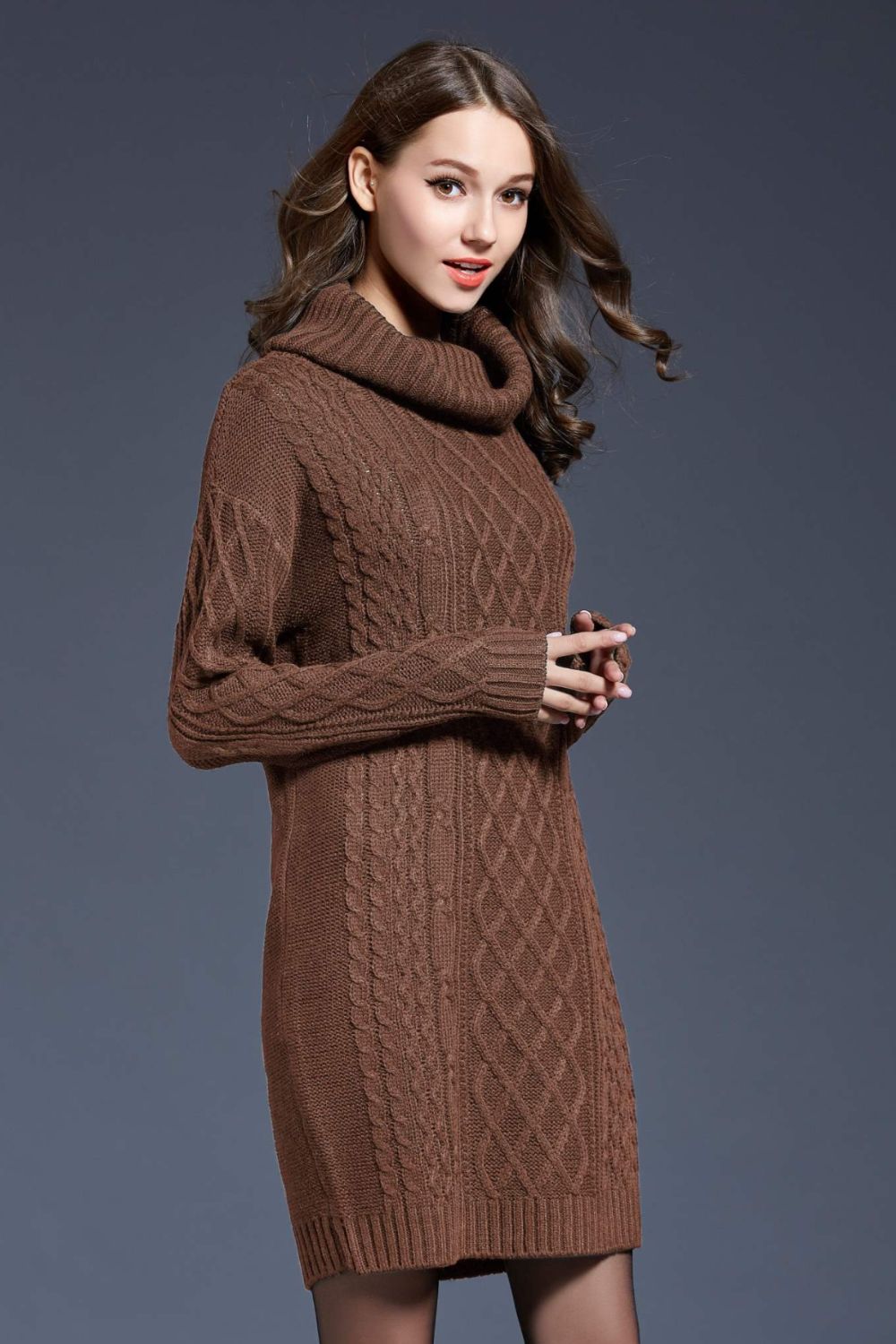 Woven Right Full Size Mixed Knit Cowl Neck Dropped Shoulder Sweater Dress Trendsi