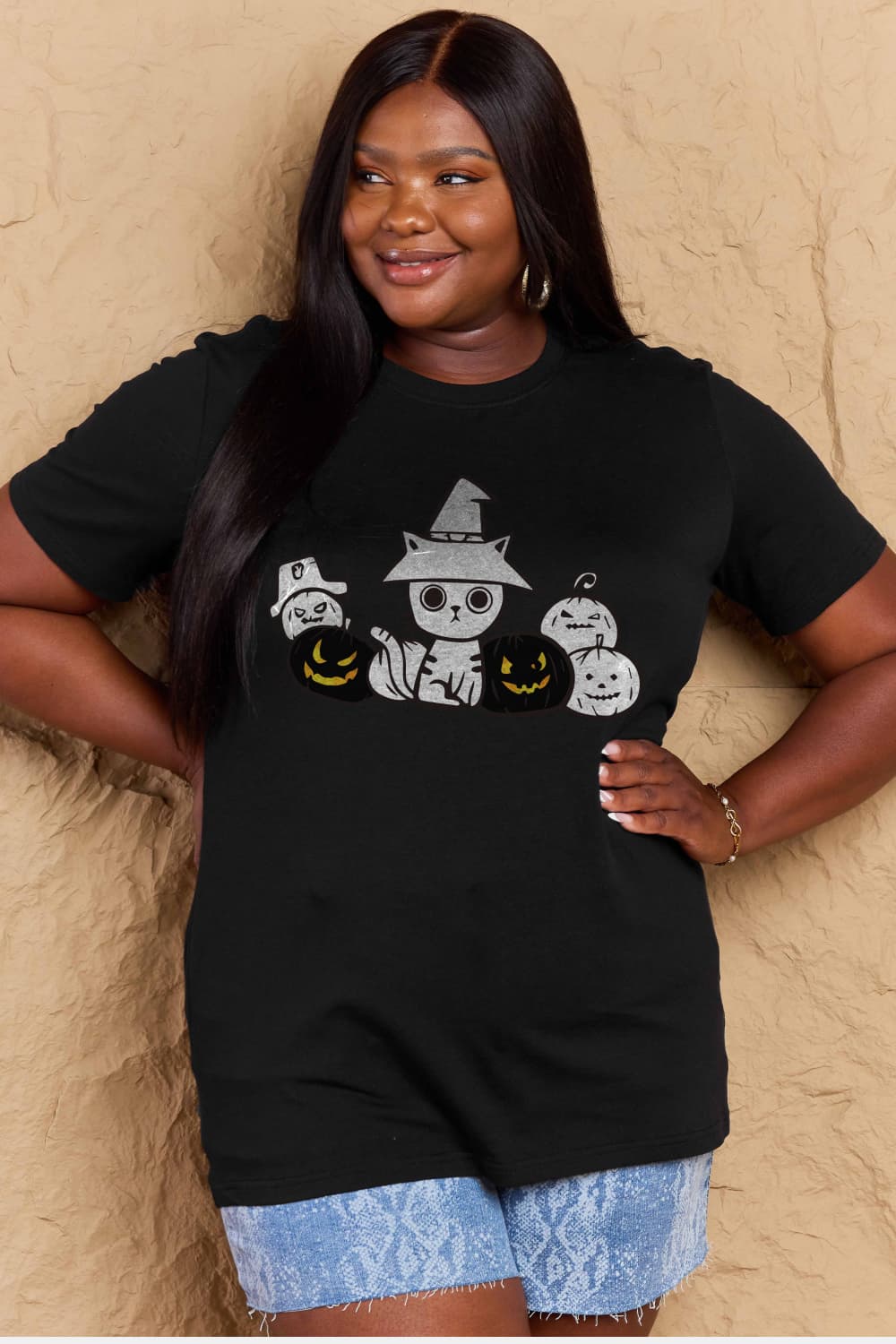 Simply Love Full Size Cat & Pumpkin Graphic Cotton T-Shirt Trendsi