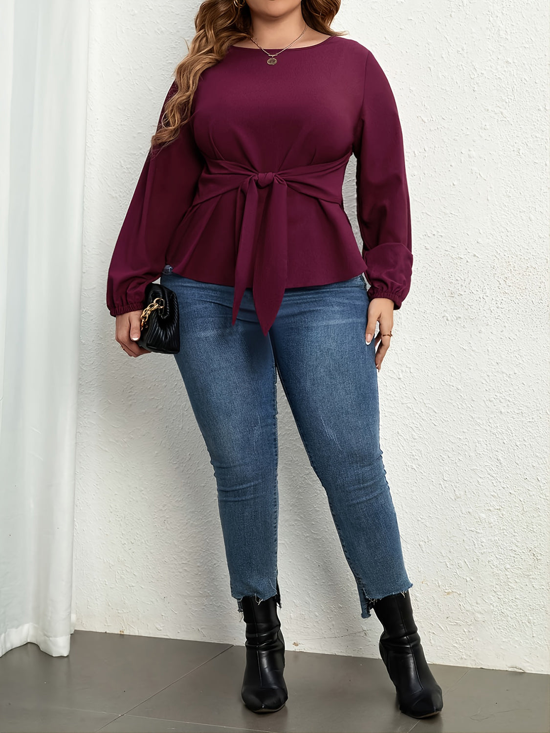 Plus Size Tie Front Long Sleeve Blouse Trendsi