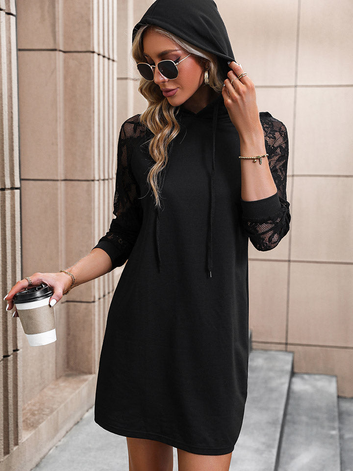 Lace Trim Long Sleeve Hooded Dress Trendsi
