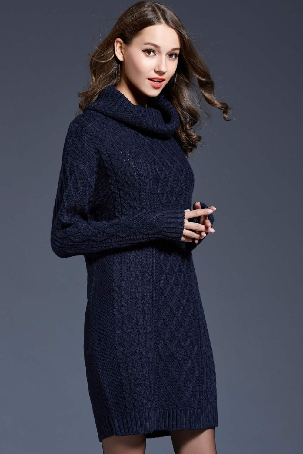 Woven Right Full Size Mixed Knit Cowl Neck Dropped Shoulder Sweater Dress Trendsi