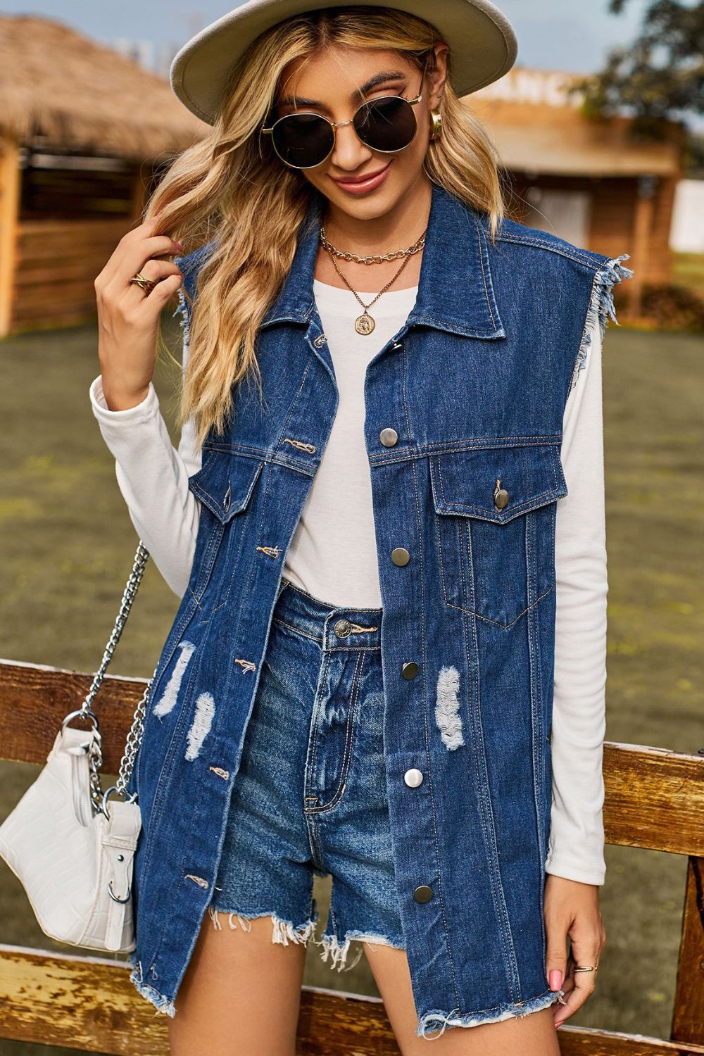 Sleeveless Button-Up Collared Denim Top with Pockets Trendsi