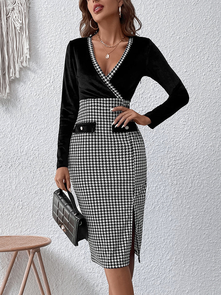 Surplice Neck Houndstooth Dress Trendsi