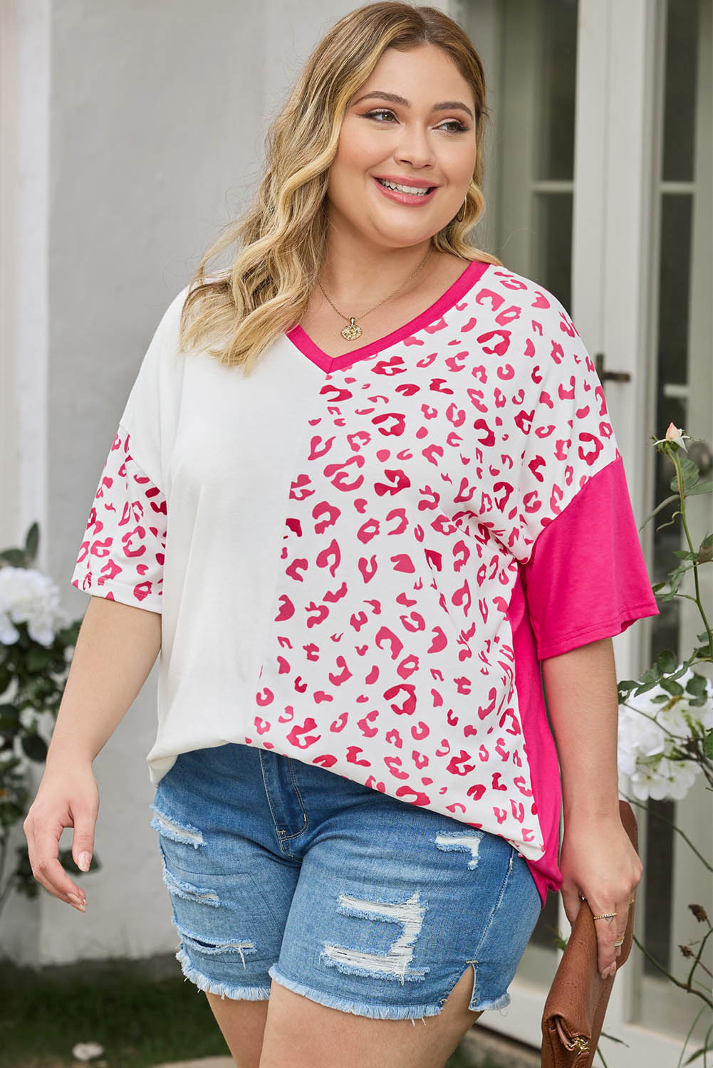 Plus Size Leopard V-Neck T-Shirt Trendsi