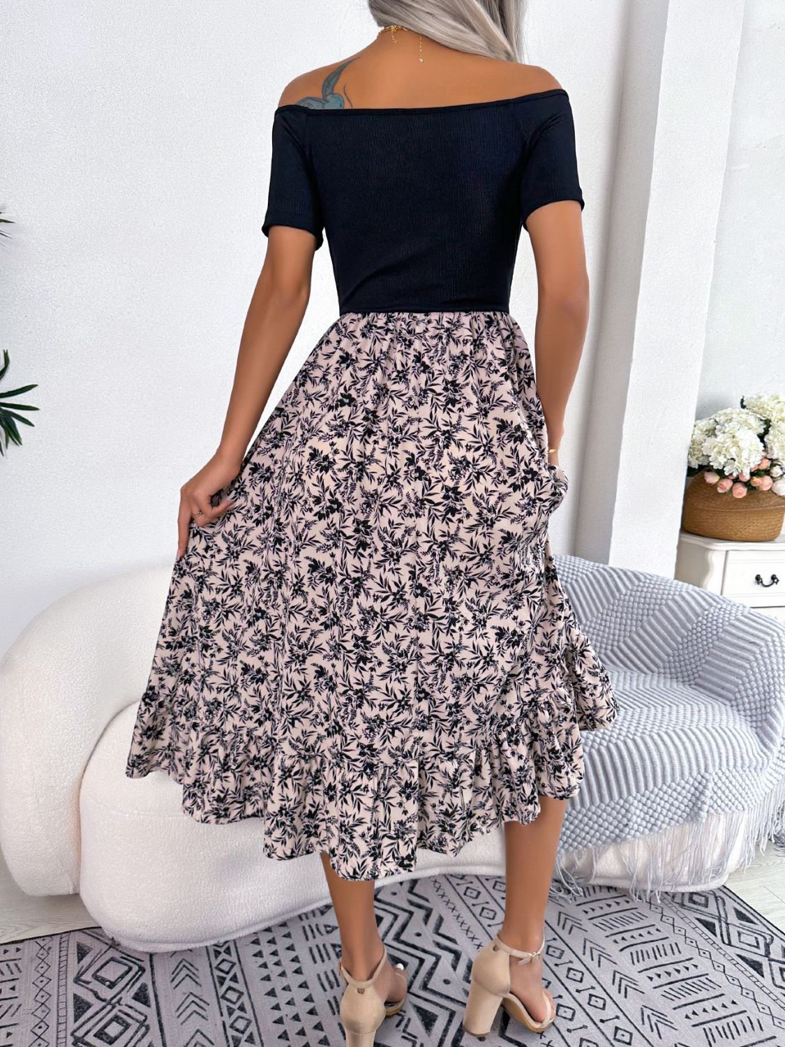 Printed Off-Shoulder Ruffle Hem Dress Trendsi