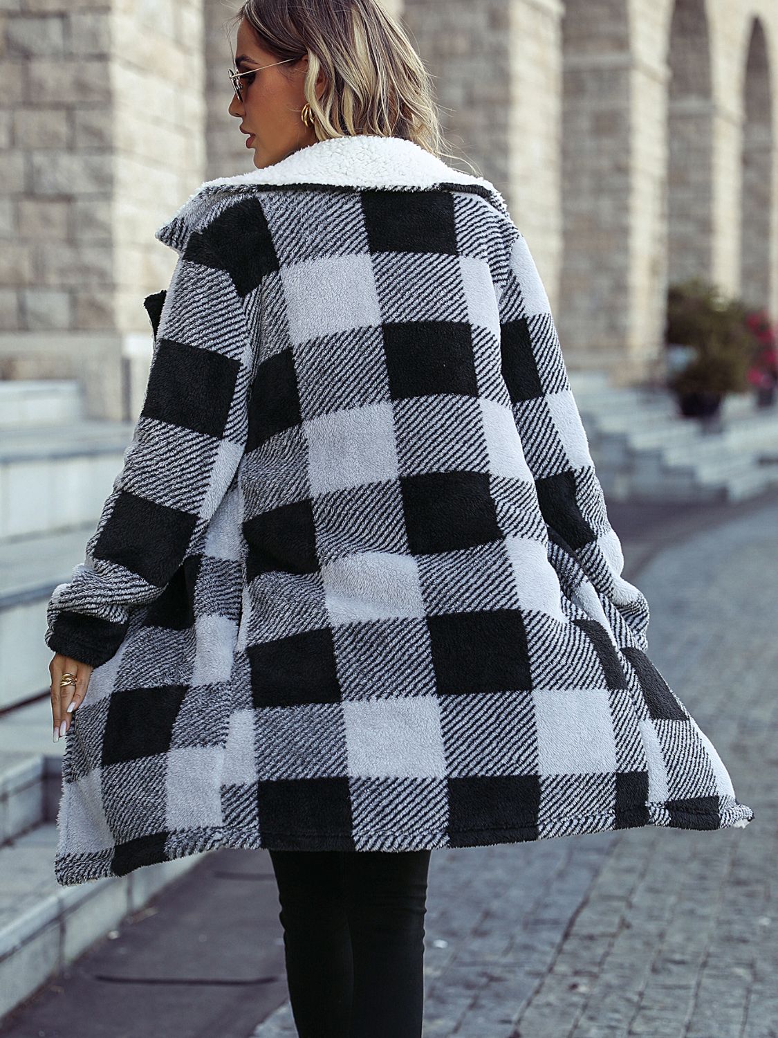 Plaid Open Front Coat with Pockets Trendsi