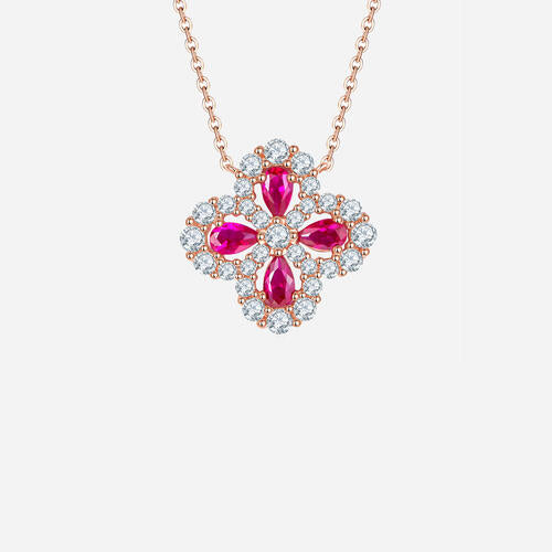 Lab-Grown Ruby 925 Sterling Silver Flower Shape Necklace Trendsi